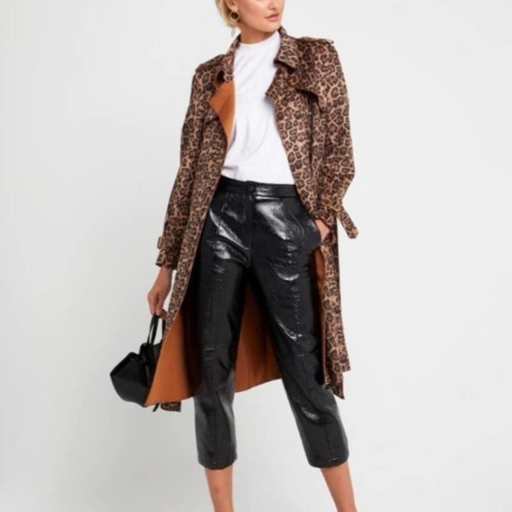 Few Moda Womens Leopard Animal Print Faux Suede Trench Coat Size Large